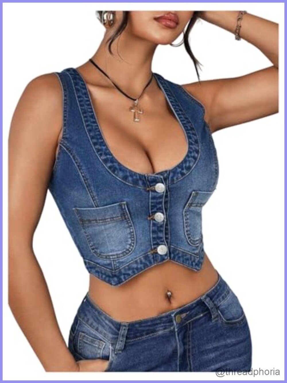 Plus Size Sleeveless Denim Crop Vest Scoop Neck Button Front Corset Style